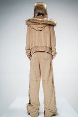 Faux Fur Trim Quilted Jacket - Brown