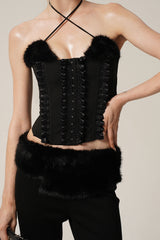 Velvet Edge Corset & Fur-Trim Flare Pants Set