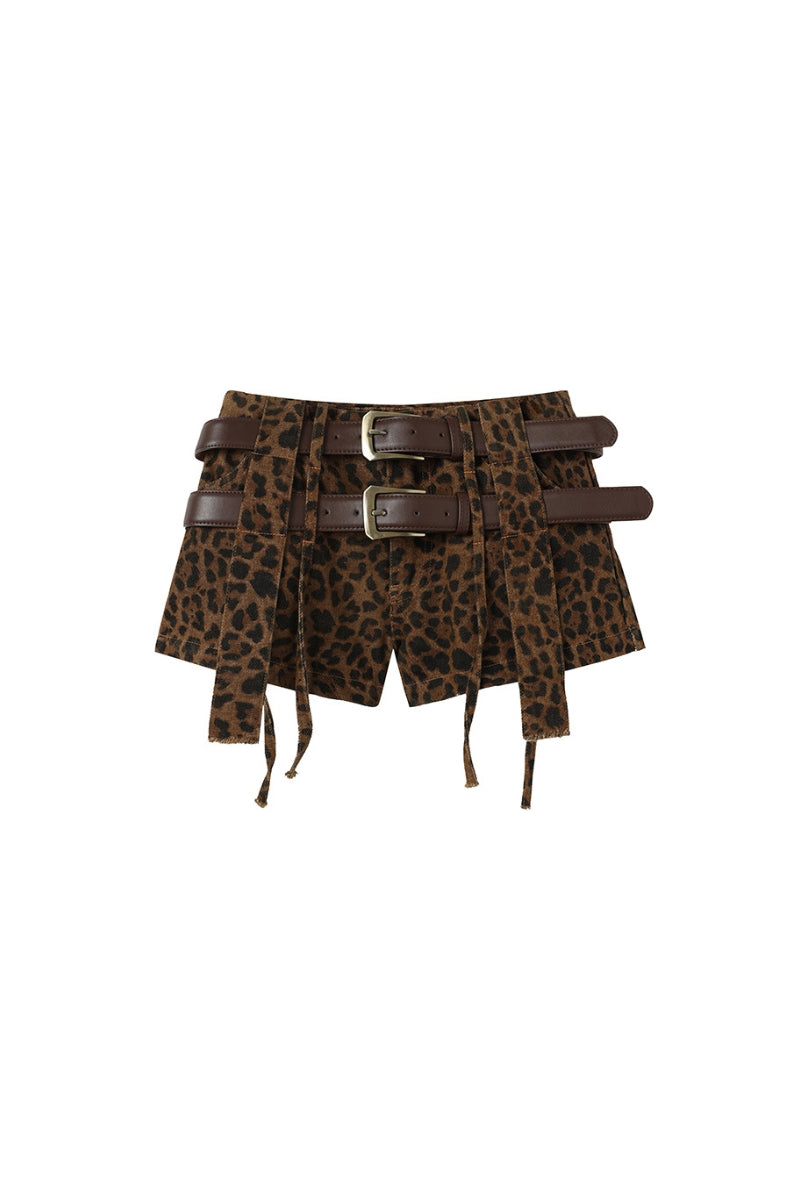 Double Belted Leopard Print Shorts
