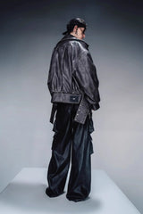 Frontier Spirit Oversized Leather Padded Jacket-Black