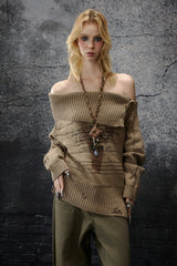 Khaki Rebel Off-Shoulder Knit Sweater