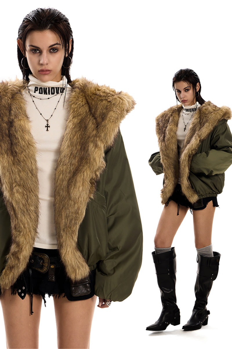 Urban Wolf Faux Fur Oversized Parka - Army Green