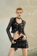 Metal Mesh Tie-Up Cropped Jacket