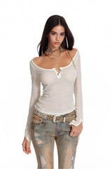 Undone Henley Stripe Long Sleeve Top