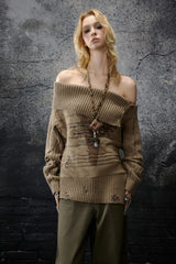 Khaki Rebel Off-Shoulder Knit Sweater