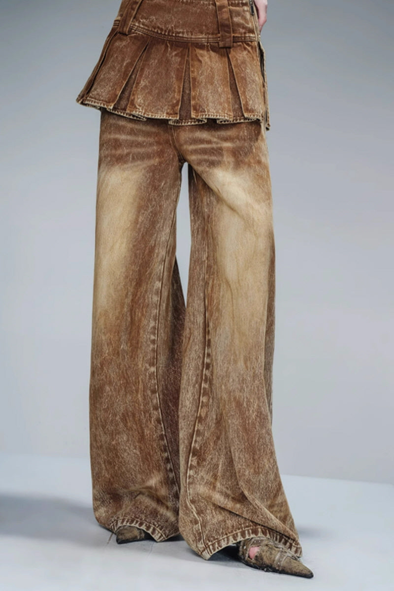 Pleated Overlayer Denim Wide-Leg Pants-Brown