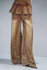 Pleated Overlayer Denim Wide-Leg Pants-Brown