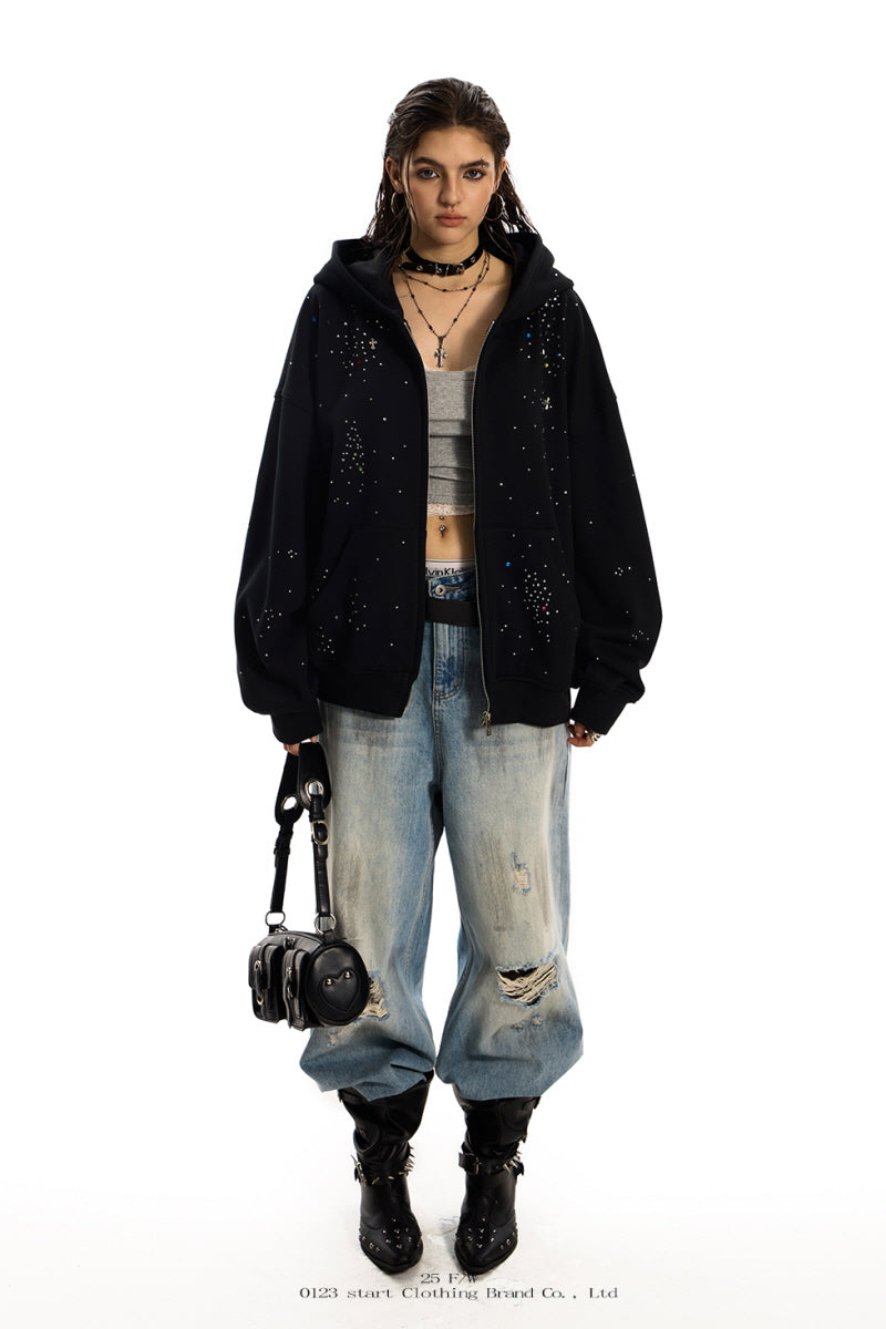 Starlit Chaos Rhinestone Zip Hoodie