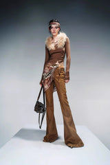 Velvet Whisper Layered Bootcut Pants (Including Silk Scarf) - Brown