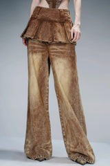 Pleated Overlayer Denim Wide-Leg Pants-Brown