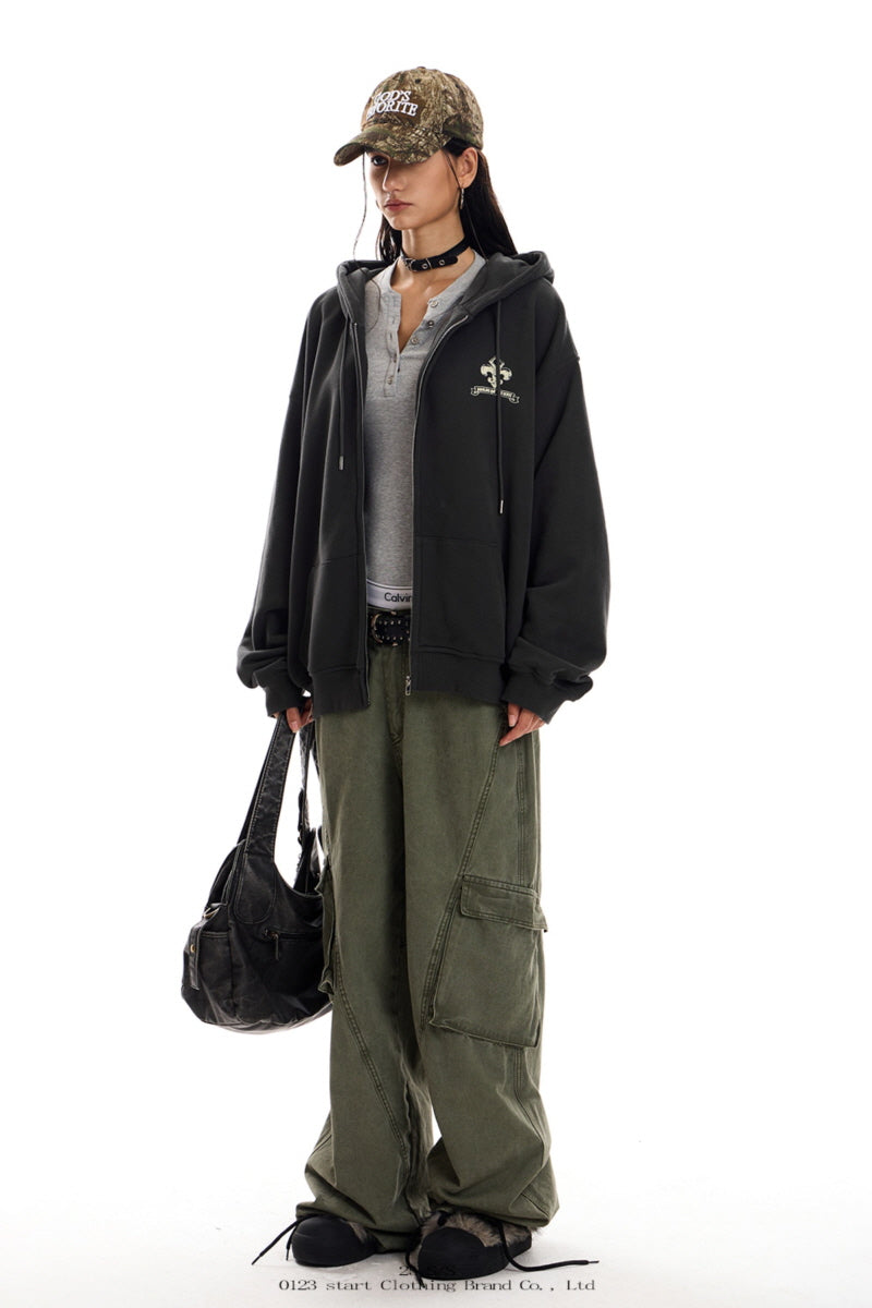 Gothic Emblem Oversized Zip Hoodie