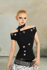 Strapped Eyelet Off-Shoulder Top