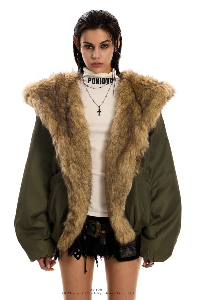 Urban Wolf Faux Fur Oversized Parka - Army Green
