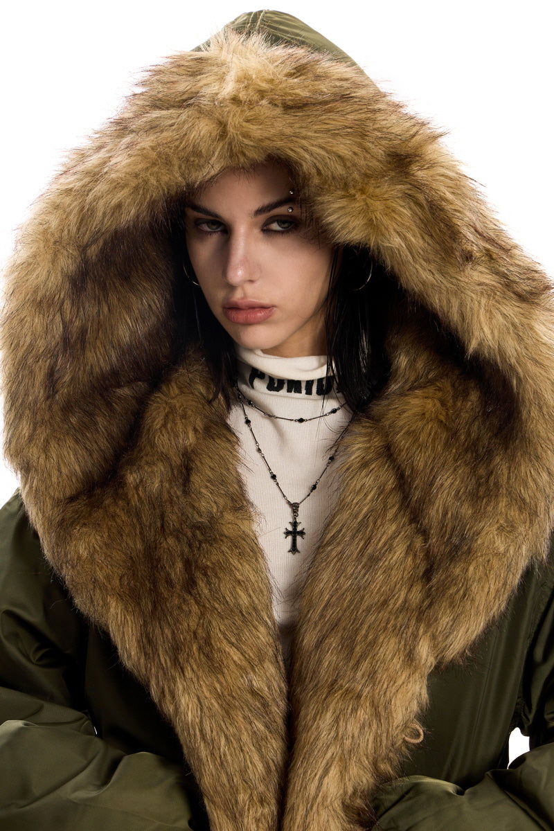 Urban Wolf Faux Fur Oversized Parka - Army Green