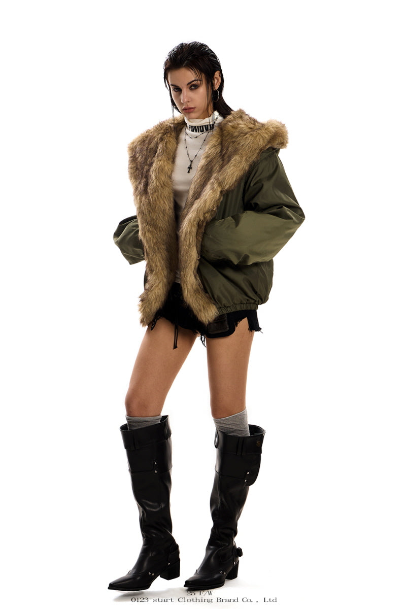Urban Wolf Faux Fur Oversized Parka - Army Green
