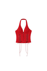 Fierce Lace-Up Halterneck Top - Red