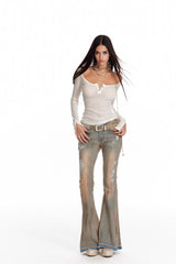 Undone Henley Stripe Long Sleeve Top