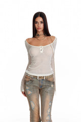 Undone Henley Stripe Long Sleeve Top