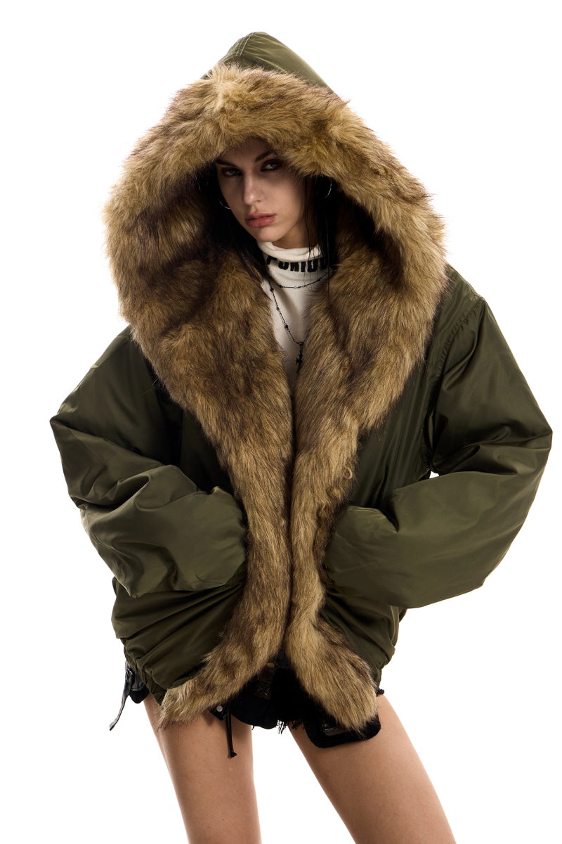 Urban Wolf Faux Fur Oversized Parka - Army Green