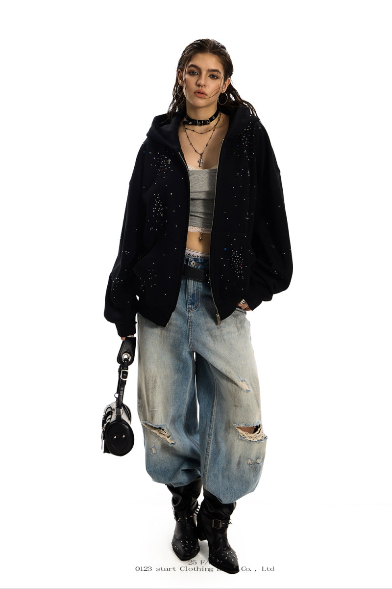 Starlit Chaos Rhinestone Zip Hoodie