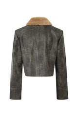 Vintage Washed Leather Jacket with Fur Collar