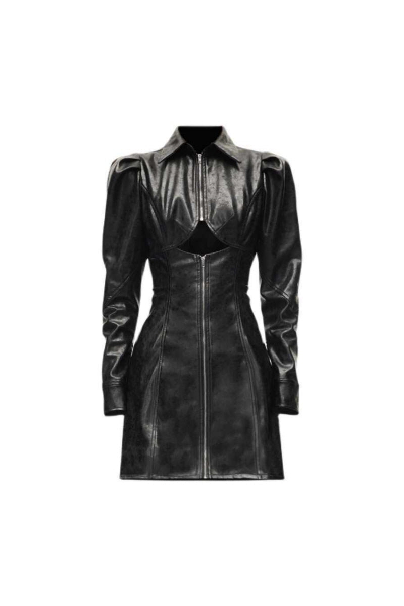 Dominant Leather Dress with Cutout Waist  Bold Elegance Statement