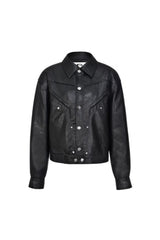 Rivet Shoulder Pad Black Leather Jacket