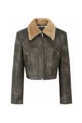 Vintage Washed Leather Jacket with Fur Collar