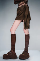 Whispering Breeze Fringe Detail Mini Skirt-Brown