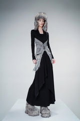 Denim-Accent Long Flow Gown with Wrap Details - Black