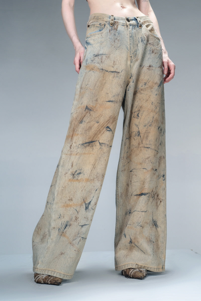 Art-Stained Wide-Leg Denim Pants