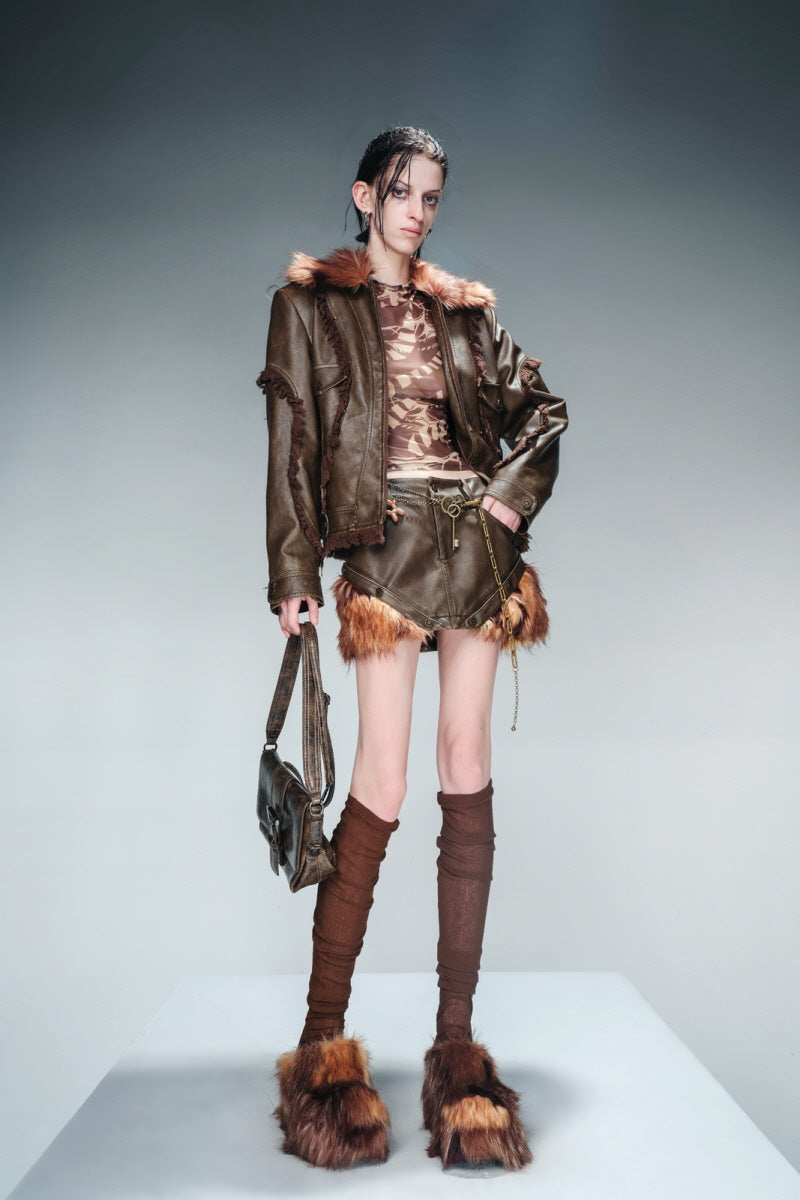 Fierce Nomad Padded Leather Jacket with Fur Accents - Brown