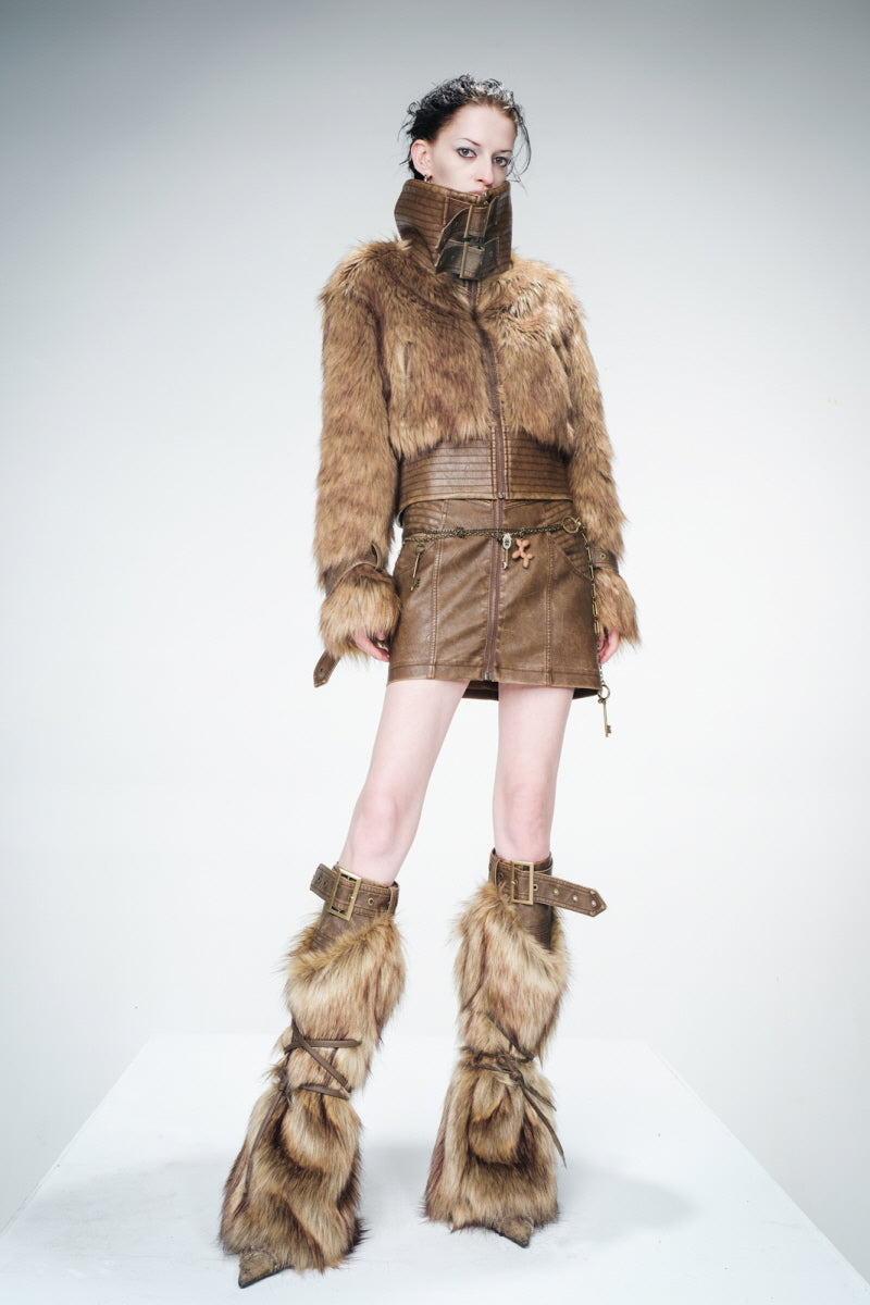 Textured Realm Leather & Fur Jacket-Brown