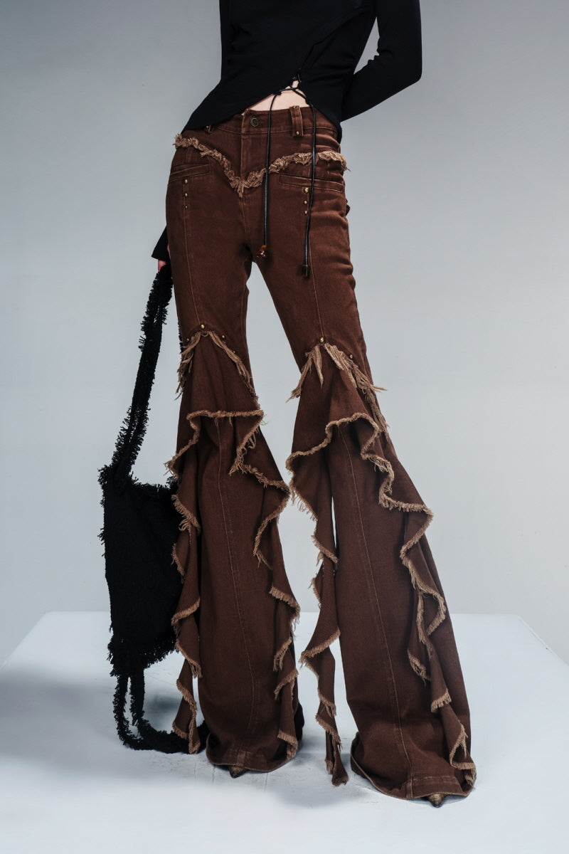 Fringe Rhythm Flared Pants-Brown