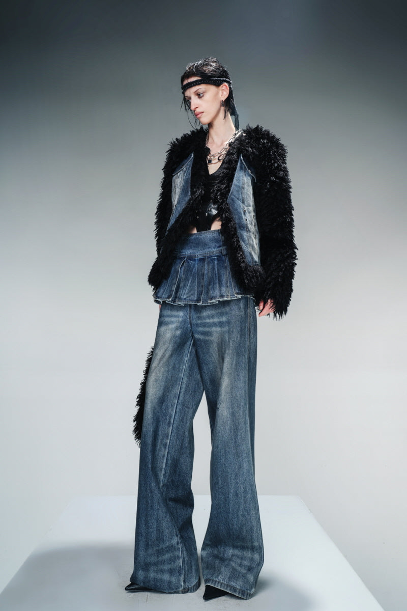 Dual-Tone Panel Fur Denim Jacket - Blue