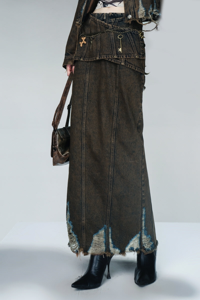 Frayed Edge Distressed Denim Maxi Skirt