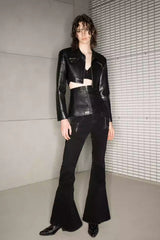 Cropped Leather Jacket with Waist Seal Two-Piece Set Black