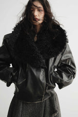 Vintage Noir Distressed Leather Jacket with Oversized Faux Fur Collar