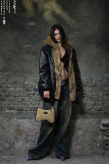 Vintage Fury Leather Coat with Fur Trim