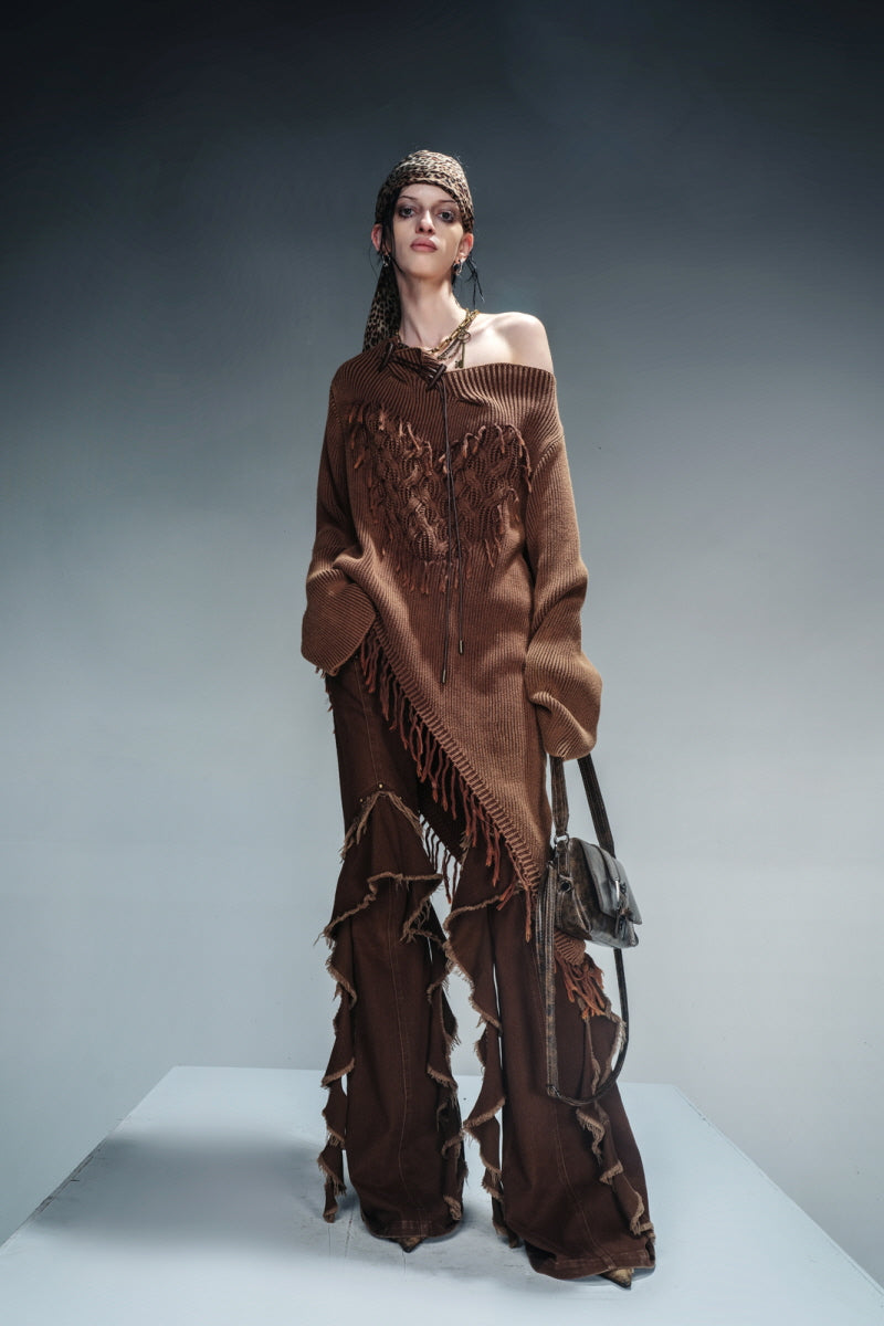 Bohemian Spirit Asymmetrical Fringe Sweater-Brown