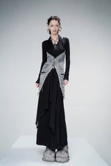 Denim-Accent Long Flow Gown with Wrap Details - Black