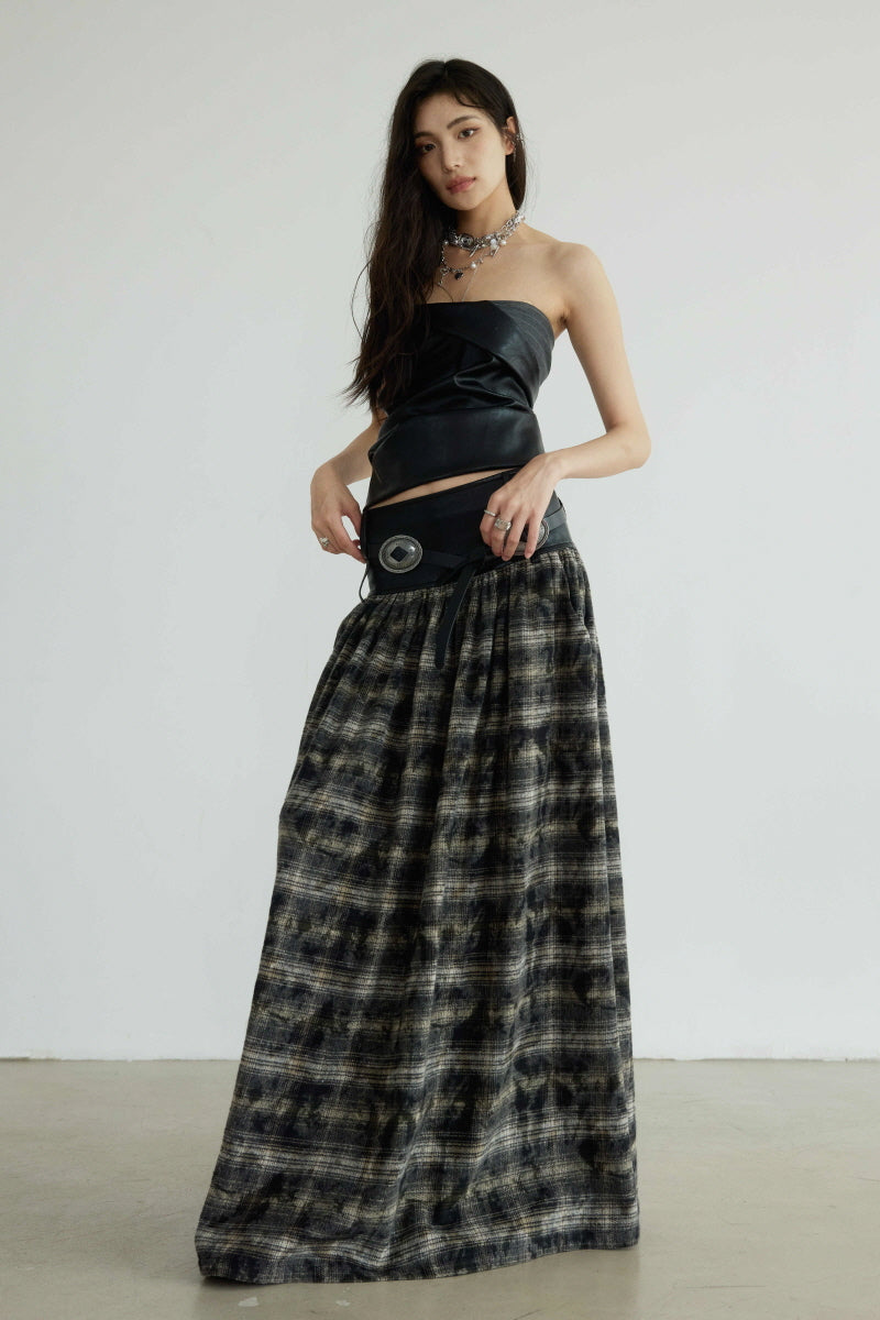 Dark Retro Plaid Low-Rise Maxi Skirt