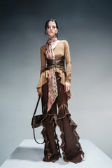 Versatile Silk Flow Long-Sleeved Top(Detachable with silk Scarf) - Brown