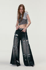 Ripped Black Wide-Leg Retro Denim Pants