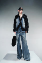 Dual-Tone Panel Fur Denim Jacket - Blue