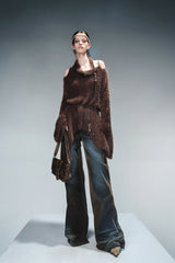 Draped Whisper Asymmetrical Sweater-Brown