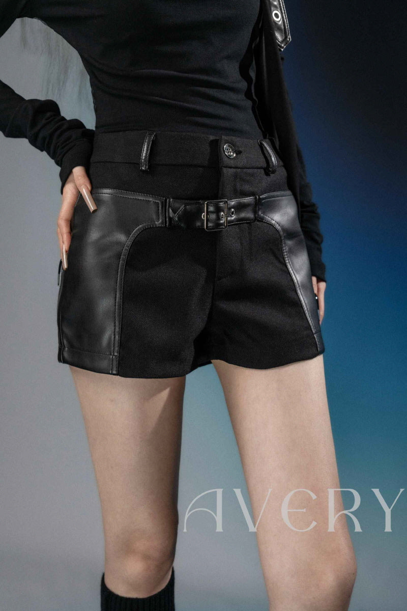 Avery Rebellion: High-Waist Leather Patchwork Shorts