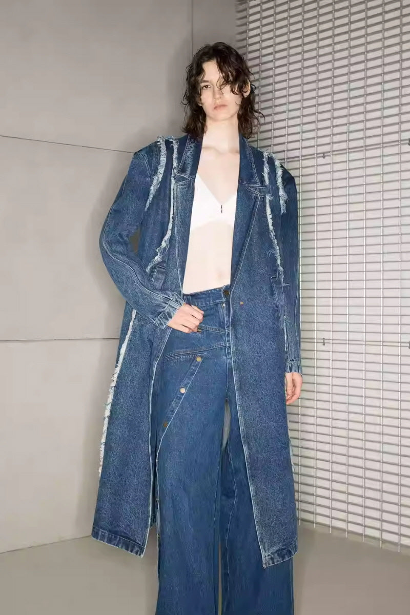 Urban Edge Distressed Denim Trench Coat