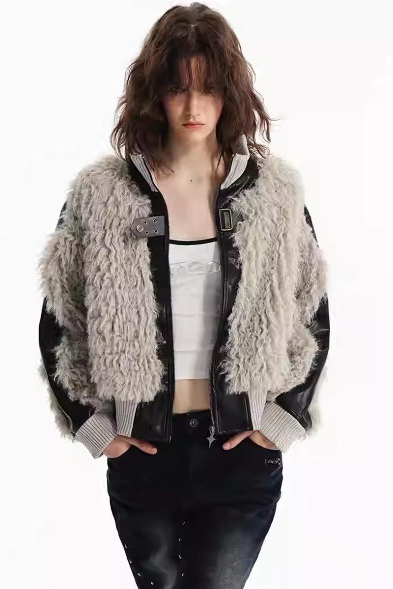 Curly Shearling Leather Buckle Jacket