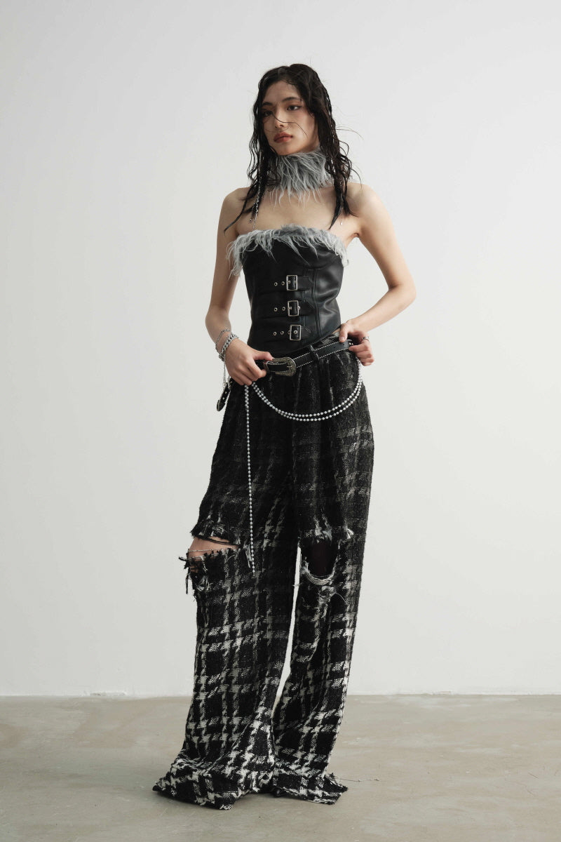 Raw Edge Destruction Plaid Wide-Leg Pants